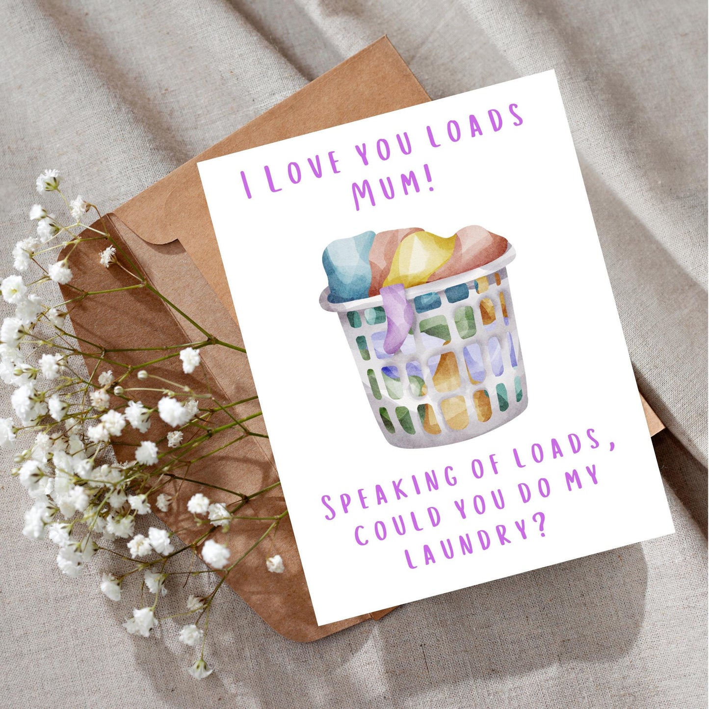 Witty Laundry Joke Card for Mom, Cheerful Handwritten Style Greeting Card