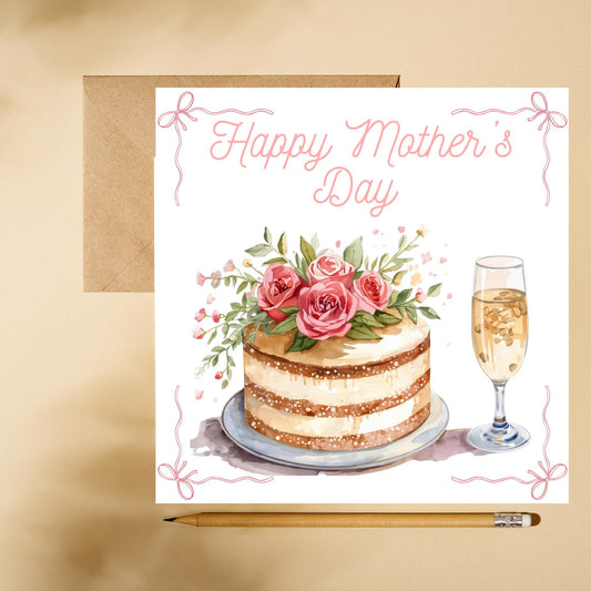 Mothers Day Cake and Champagne Card – Elegant Handcrafted Greeting for Mom – Special Occasion Gift