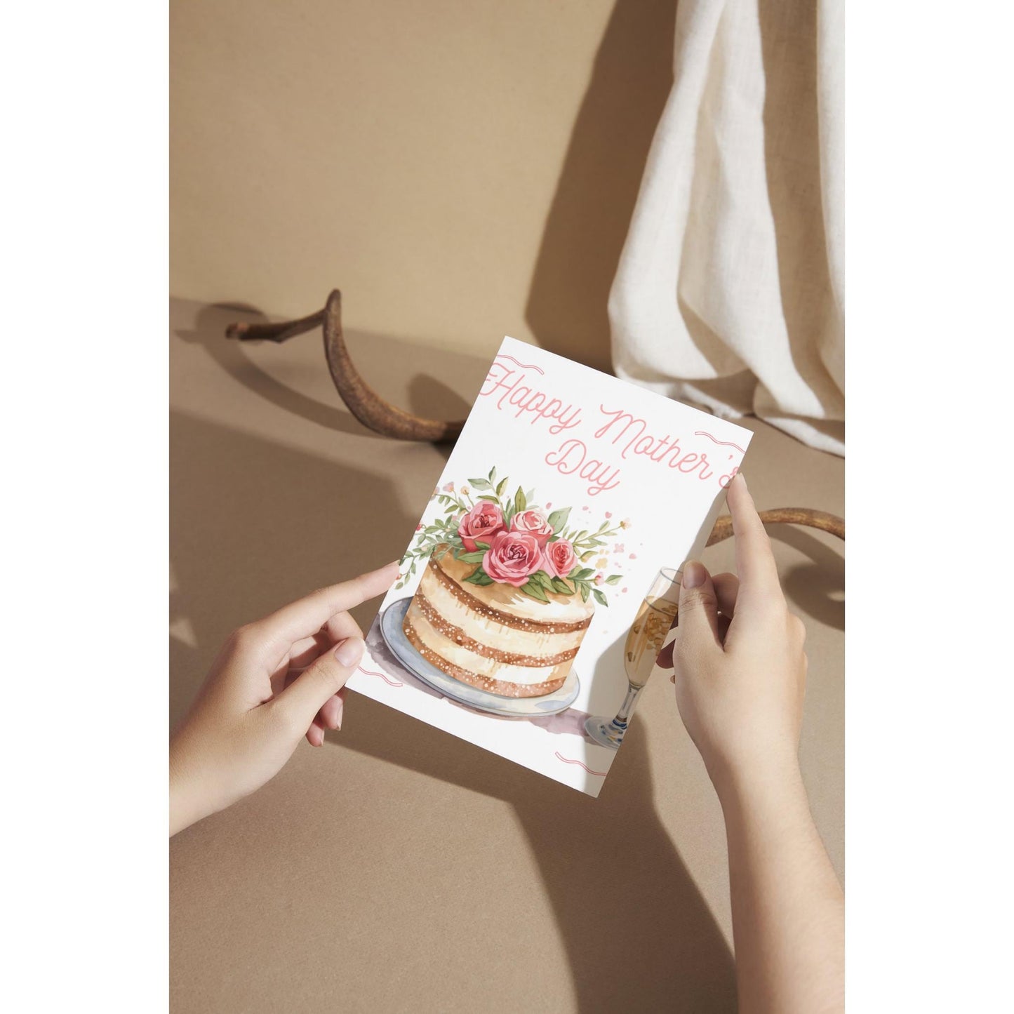 Mothers Day Cake and Champagne Card – Elegant Handcrafted Greeting for Mom – Special Occasion Gift