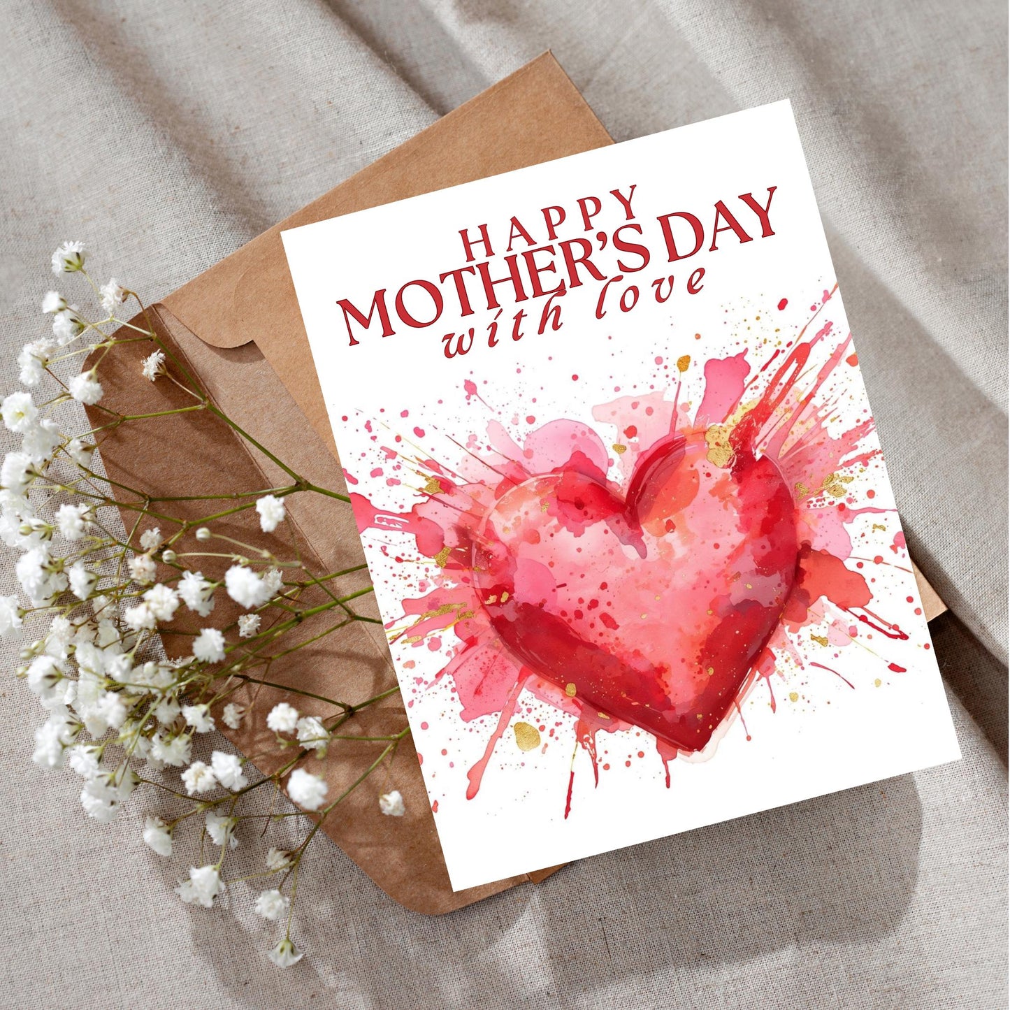 Mother's Day card with watercolor heart splash, heartfelt thank you gift,
