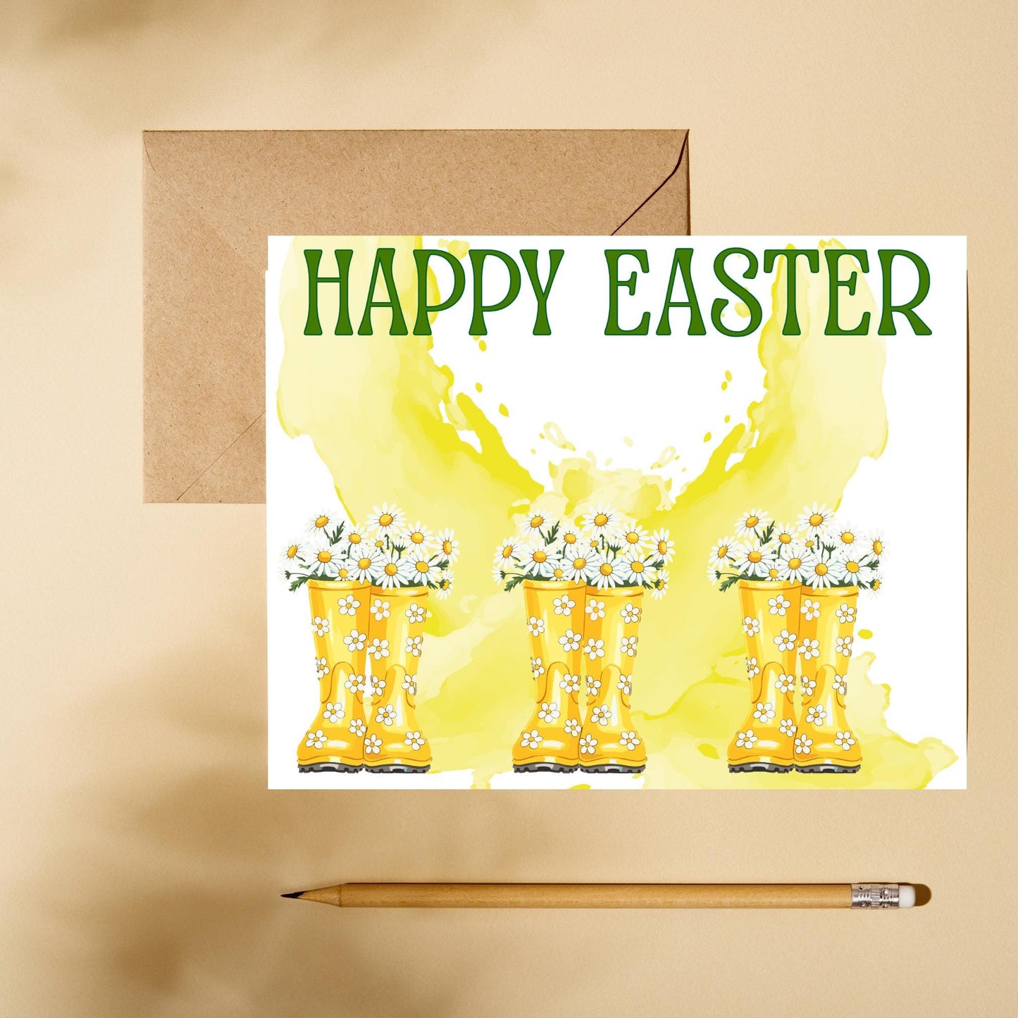 Easter Card with Yellow Boots and Daisies