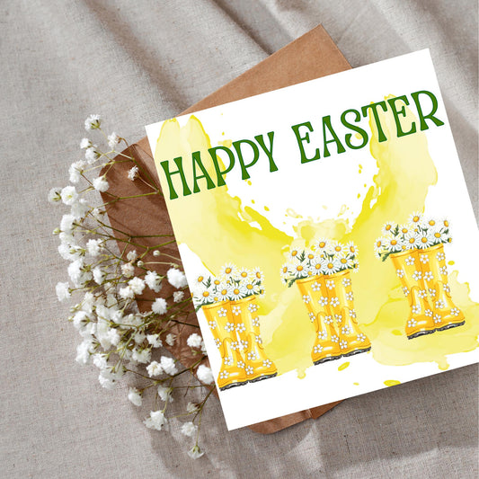 Easter Card with Yellow Boots and Daisies