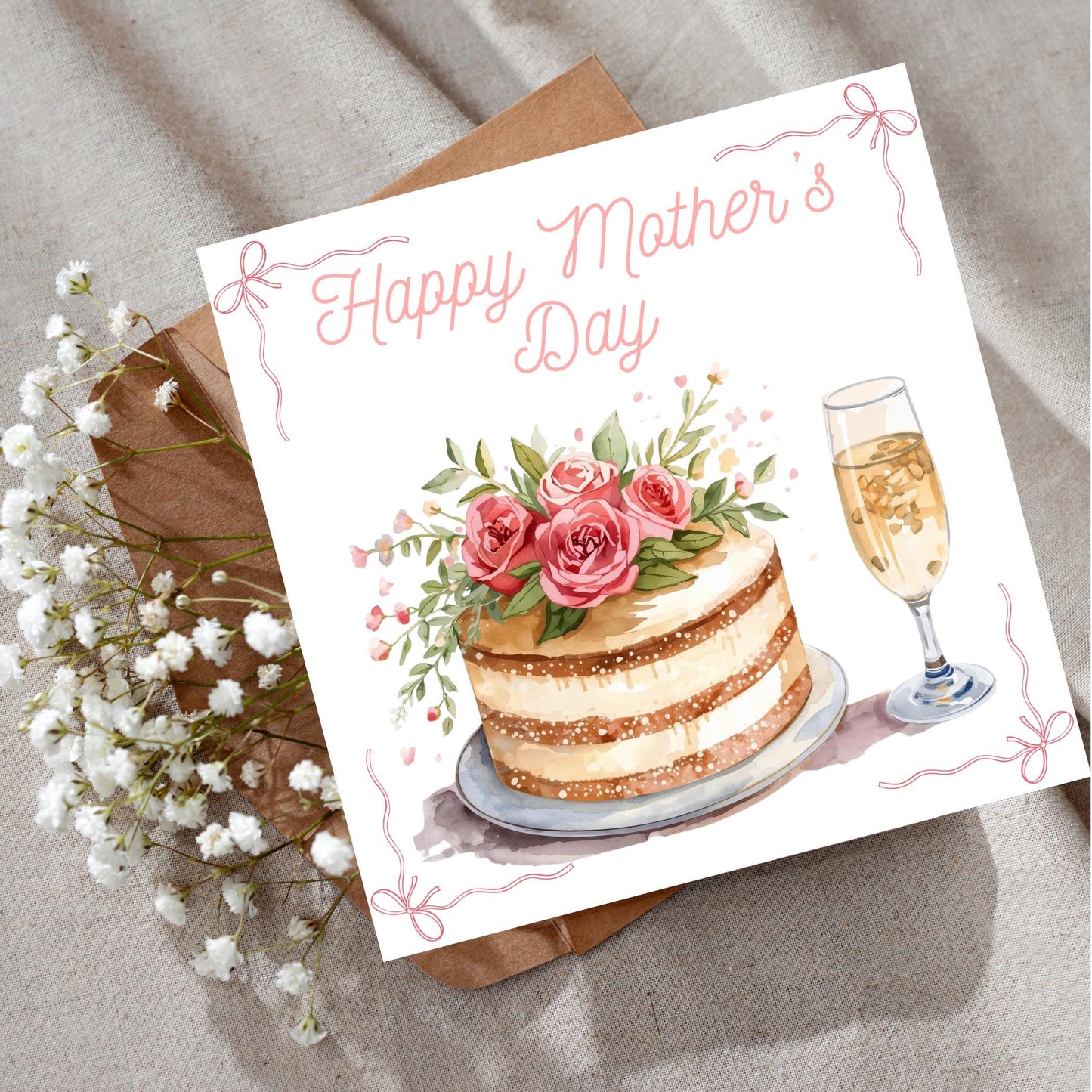 Mothers Day Cake and Champagne Card – Elegant Handcrafted Greeting for Mom – Special Occasion Gift