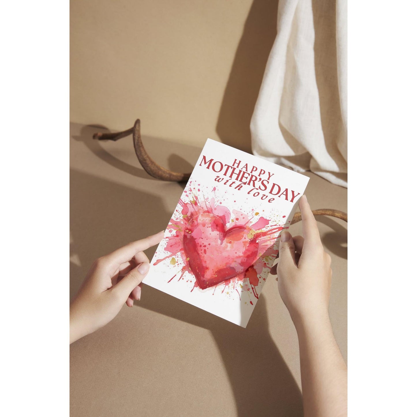 Mother's Day card with watercolor heart splash, heartfelt thank you gift,