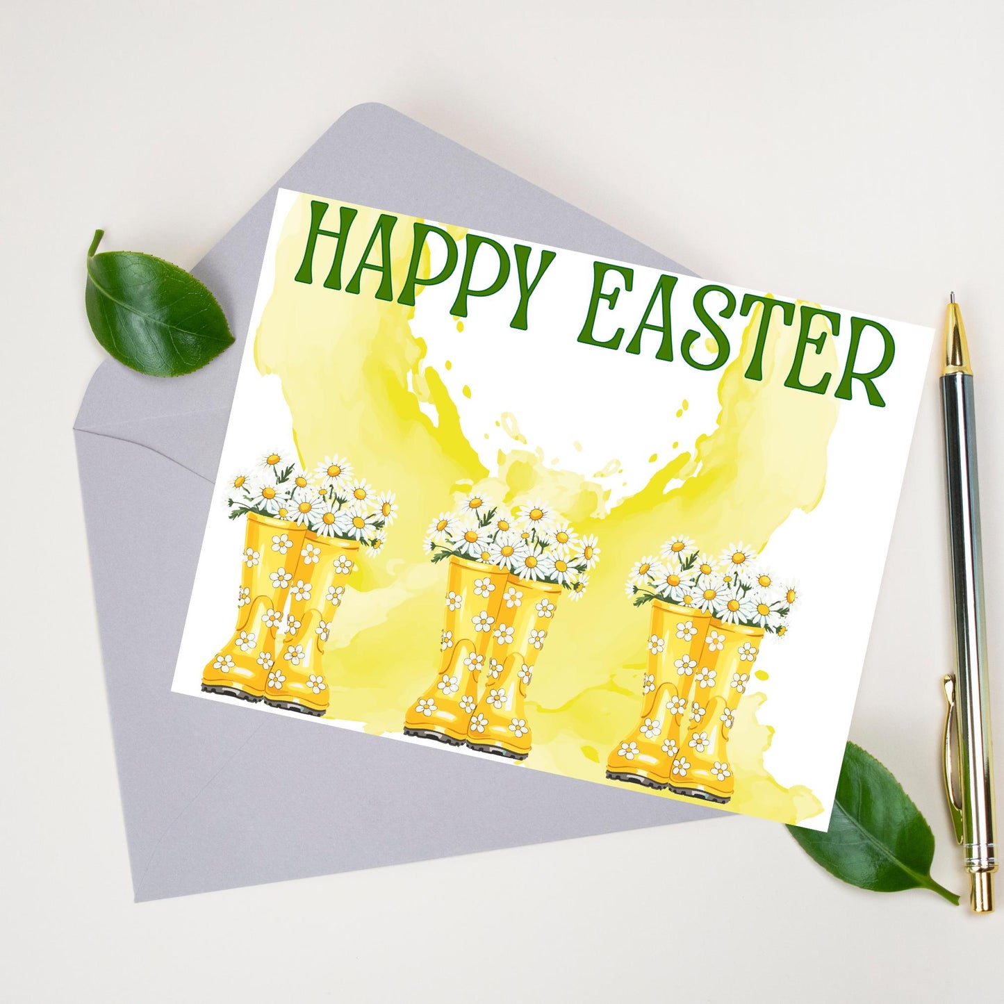 Easter Card with Yellow Boots and Daisies