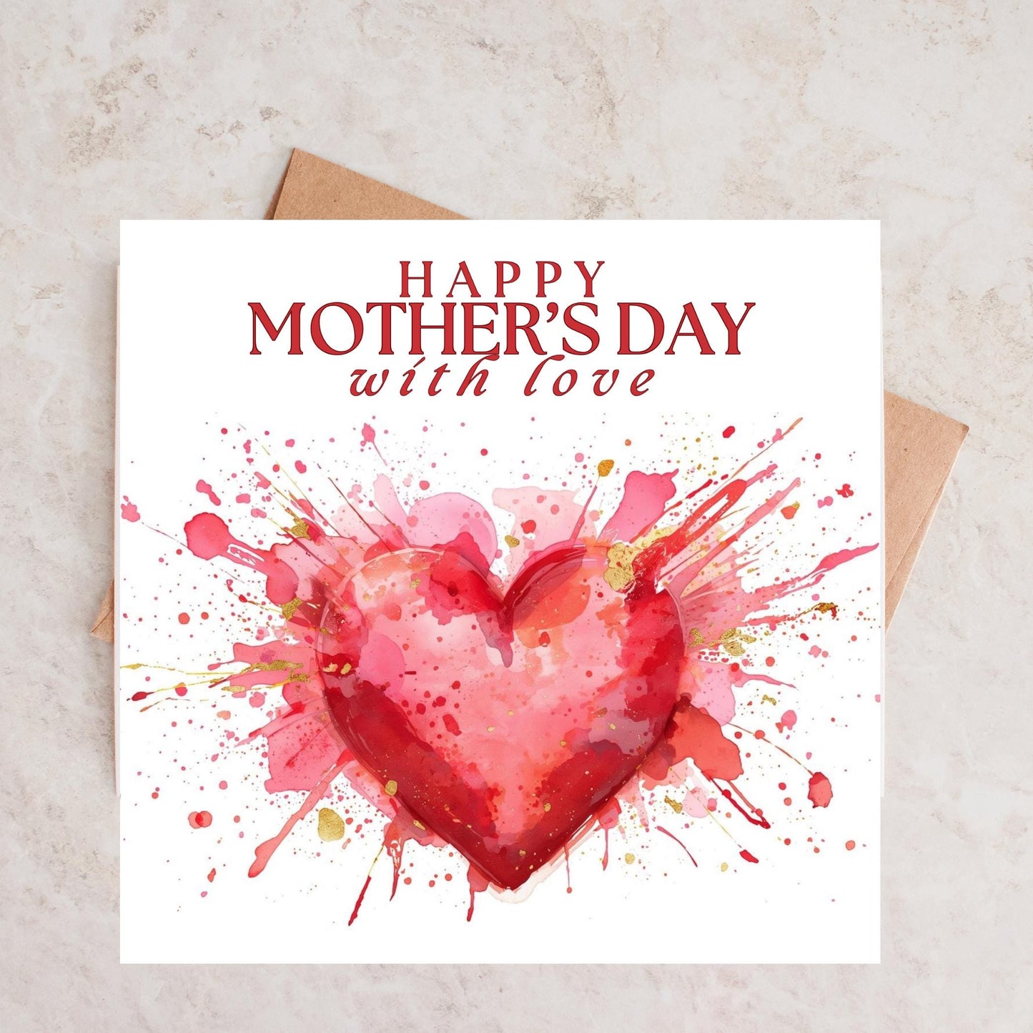 Mother's Day card with watercolor heart splash, heartfelt thank you gift,