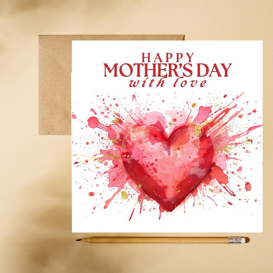Mother's Day card with watercolor heart splash, heartfelt thank you gift,