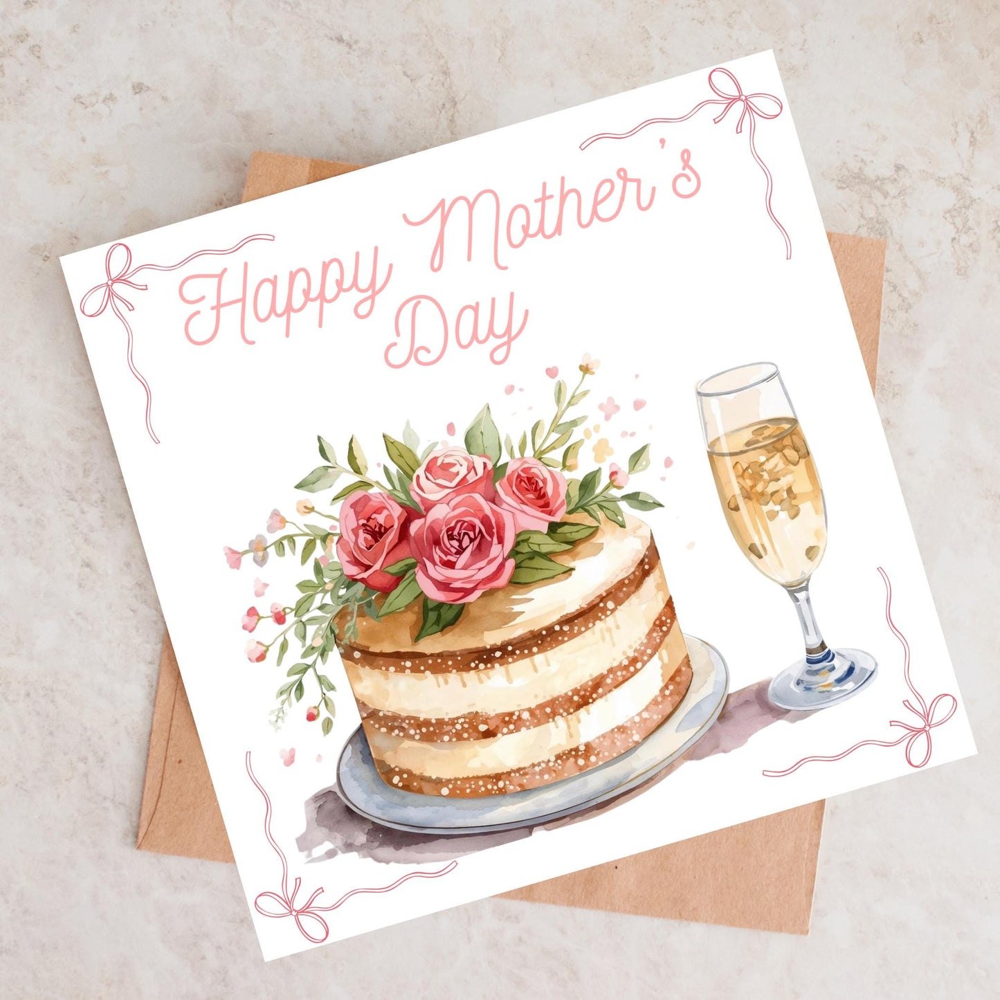 Mothers Day Cake and Champagne Card – Elegant Handcrafted Greeting for Mom – Special Occasion Gift