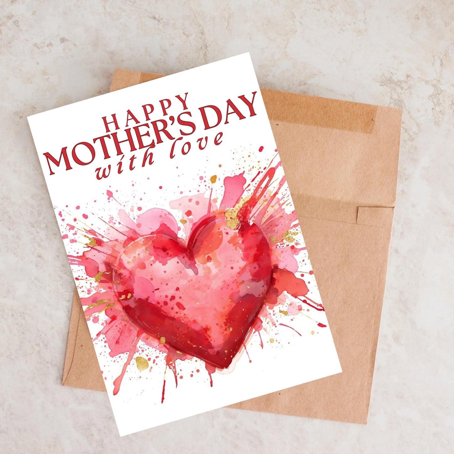Mother's Day card with watercolor heart splash, heartfelt thank you gift,