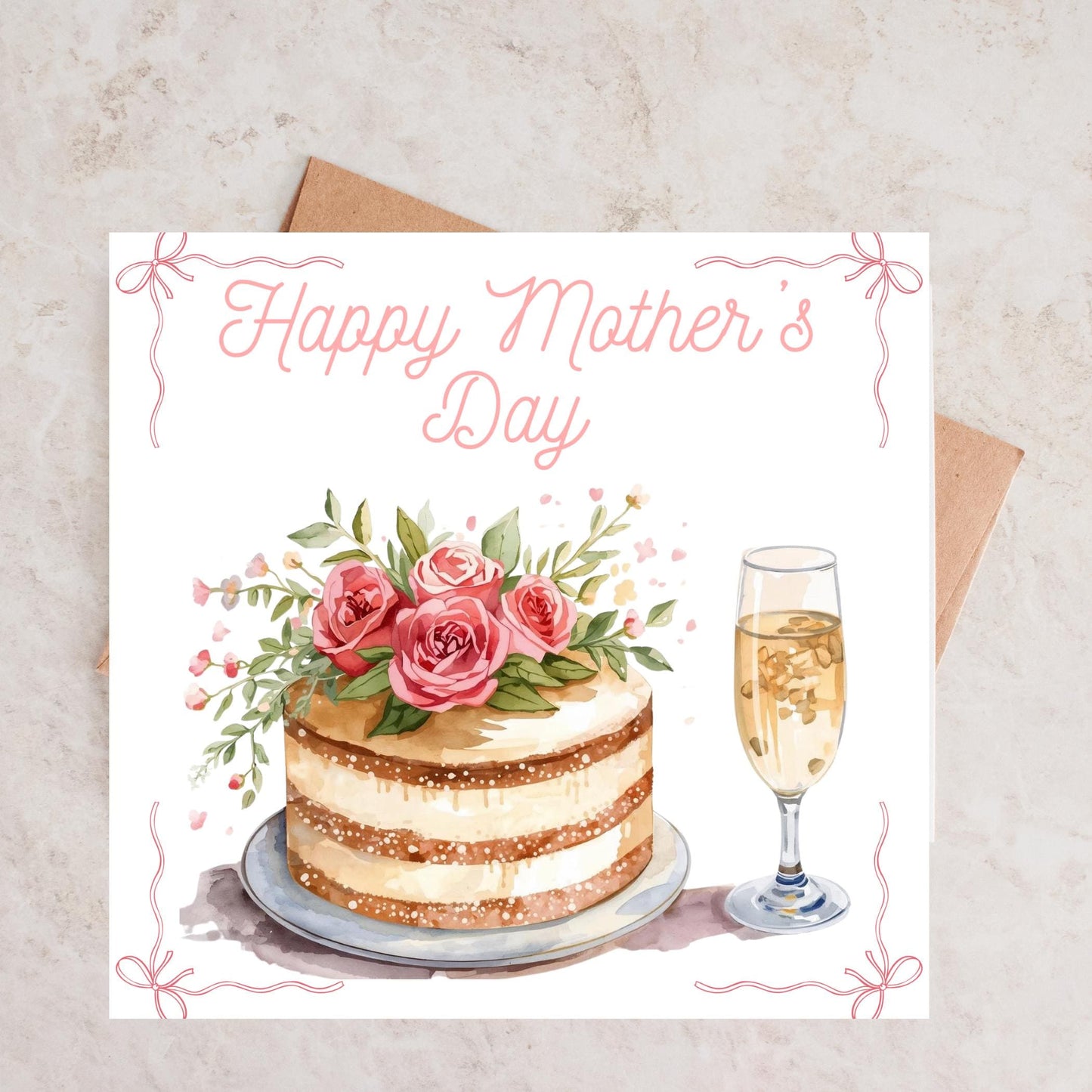 Mothers Day Cake and Champagne Card – Elegant Handcrafted Greeting for Mom – Special Occasion Gift