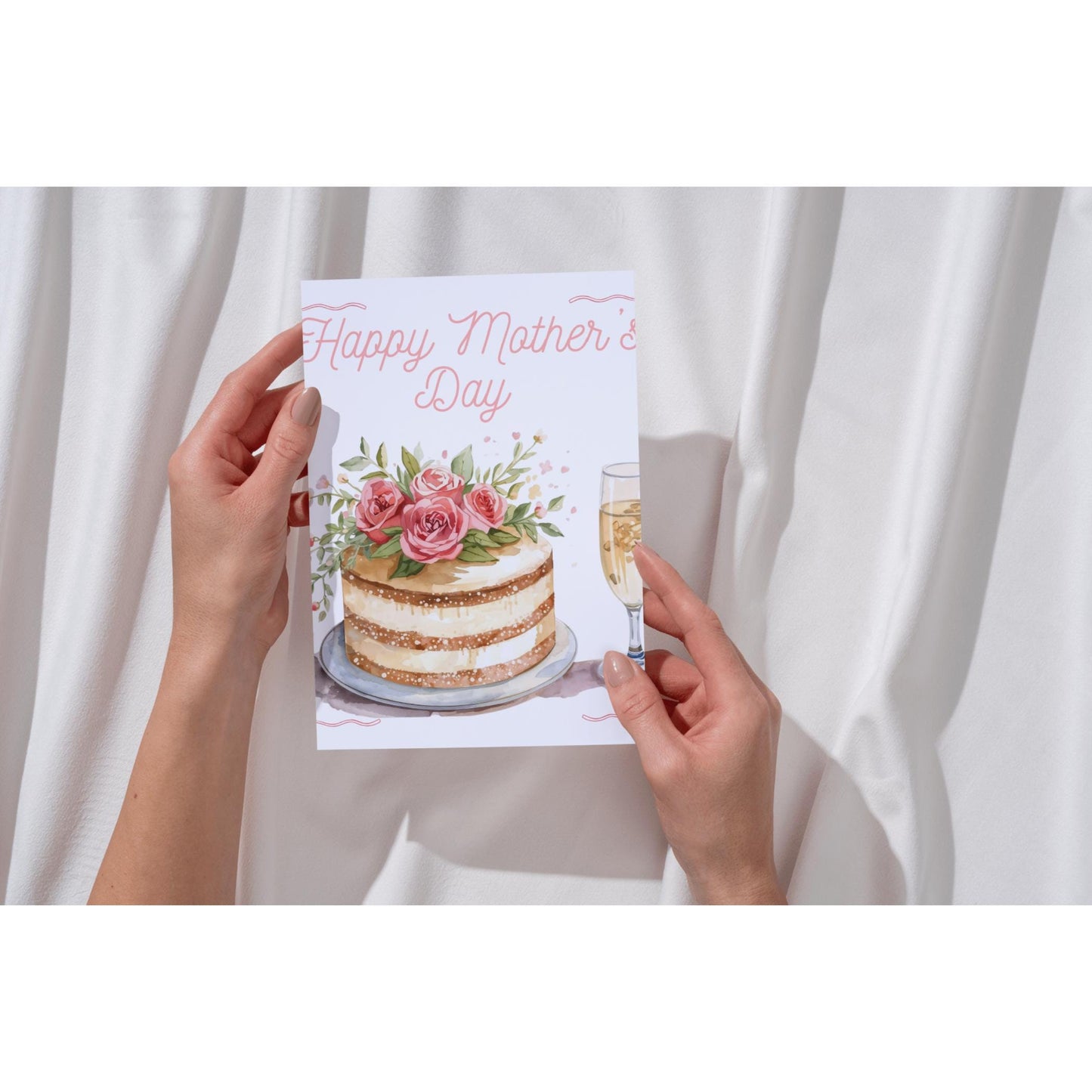 Mothers Day Cake and Champagne Card – Elegant Handcrafted Greeting for Mom – Special Occasion Gift